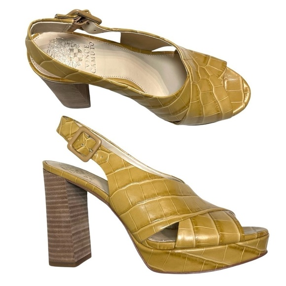 Vince Camuto Javasan Heel Sandals Mustard Yellow Embossed Leather Croc size 8 - Picture 3 of 8